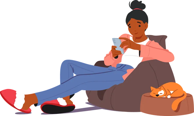 Woman Sits Comfortably In An Armchair Engrossed In Her Mobile Device  Illustration