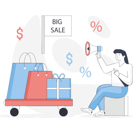 Woman sits in a chair beside a shopping cart with a large sale sign prominently displayed nearby  Illustration