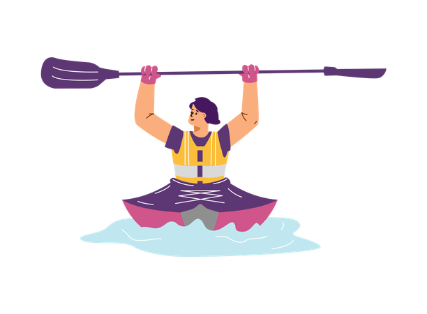 Woman sits in a kayak and holds a two-blade paddle above her head  Illustration