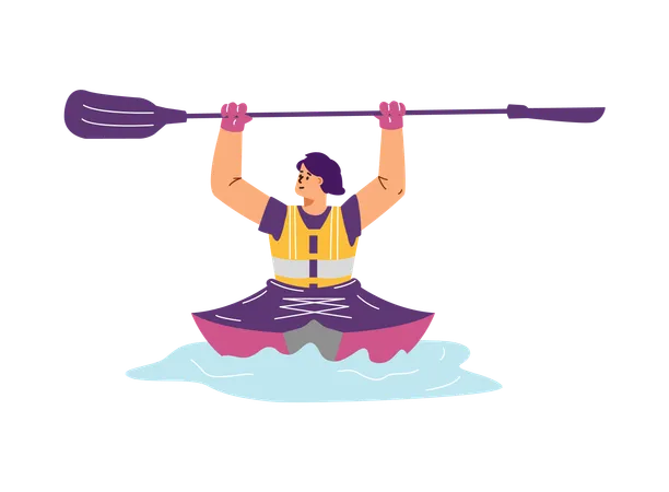 Woman sits in a kayak and holds a two-blade paddle above her head  Illustration