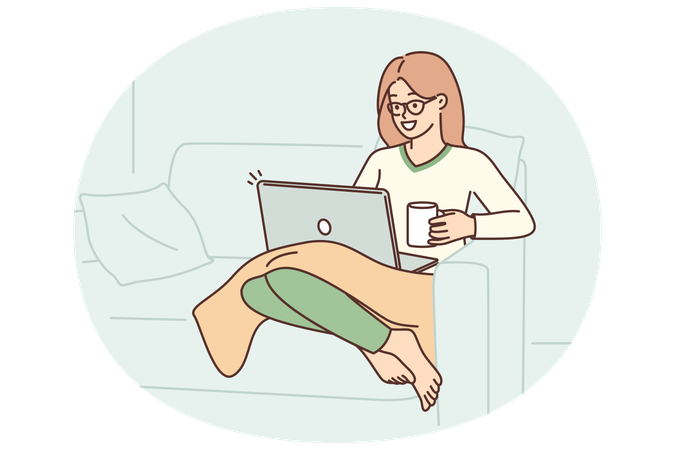 Woman sits in armchair with laptop on lap and drinks coffee enjoying relaxation in cozy home  Illustration
