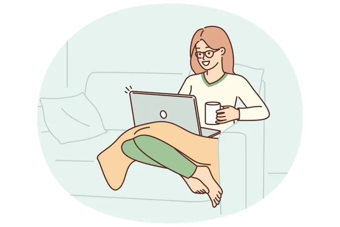 Woman sits in armchair with laptop on lap and drinks coffee enjoying relaxation in cozy home  Illustration