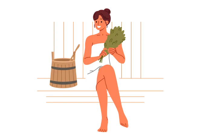 Woman Sits In Bathhouse And Smiles Enjoying Thermal Treatments That Improve Well Being And Get Rid Of Toxins Girl Visitor To Bathhouse Holds Birch Broom Located Near Wooden Bucket Illustration