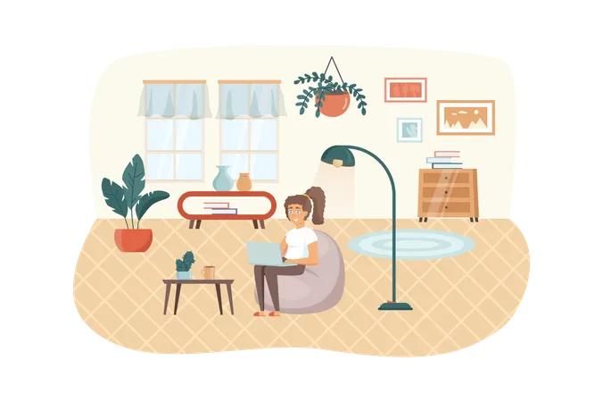 Woman sits in chair with laptop in living room Illustration