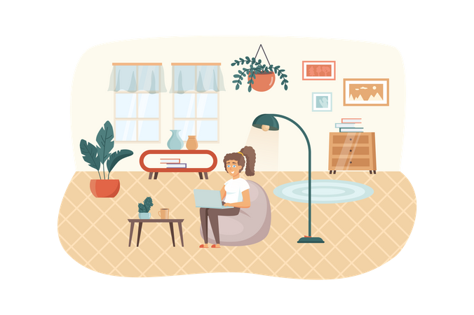 Woman sits in chair with laptop in living room  Illustration