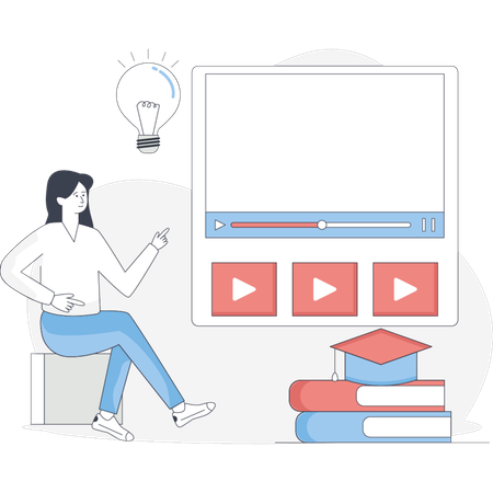 Woman sits in front of a screen contemplating an idea represented by a glowing light bulb above her  Illustration