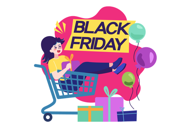 Woman sits in shopping cart  Illustration