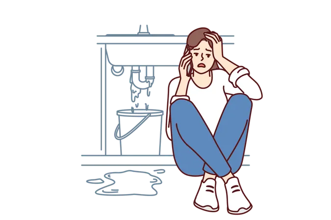 Woman Sits Near Leaking Sink Making Call To Plumber To Repair Broken Pipeline Frightened Girl Calls Sink Repairman Or Emergency Service To Clean Up Consequences Of Flood In Bathroom Or In Kitchen イラスト