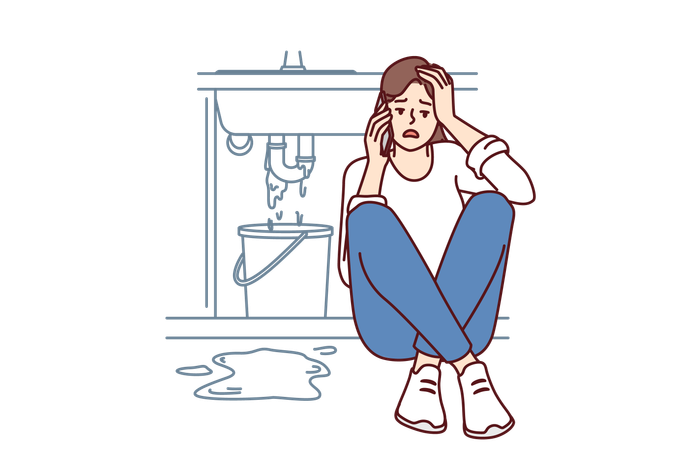 Woman sits near leaking sink in bathroom  Illustration