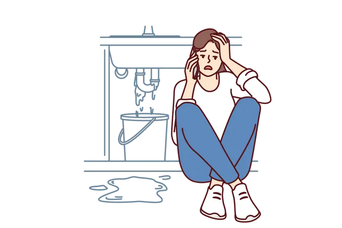 Woman sits near leaking sink in bathroom  Illustration