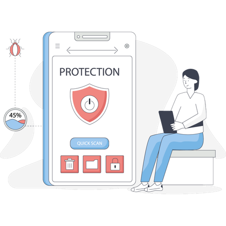 Woman sits on a bench with a laptop and smartphone displaying a protection  Illustration