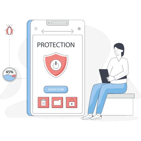 Woman sits on a bench with a laptop and smartphone displaying a protection  Illustration