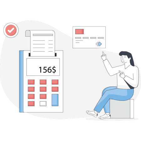Woman sits on a chair beside a calculator focused on her work or calculations  Illustration