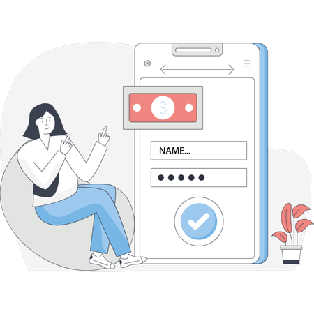 Woman sits on a chair beside a phone displaying a check mark indicating a completed task or confirmation  Illustration