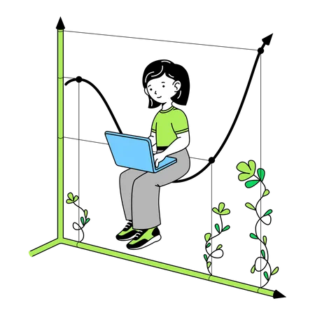 Woman sits on graph curve with laptop  Illustration