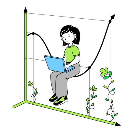 Woman sits on graph curve with laptop  Illustration