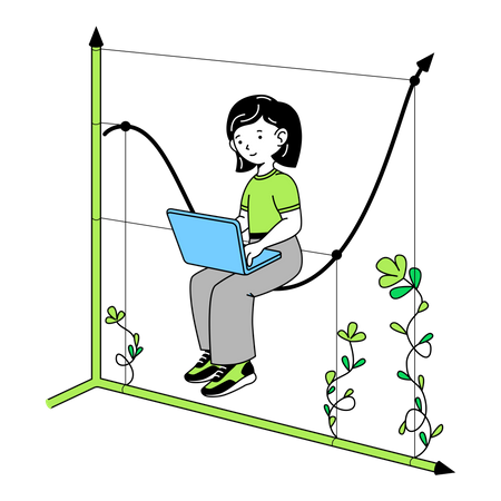 Woman sits on graph curve with laptop  イラスト