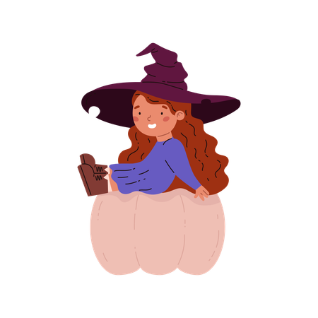 Woman sits on pumpkin  Illustration