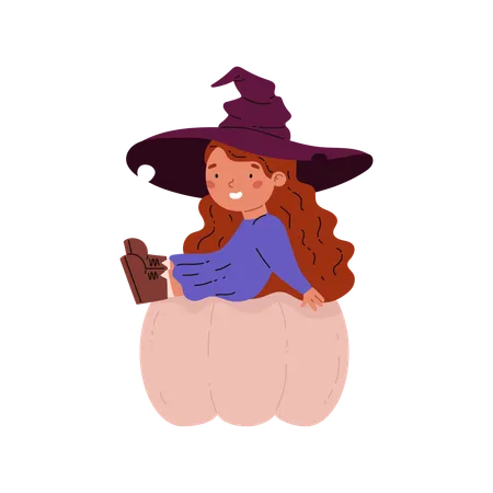 Woman sits on pumpkin  Illustration