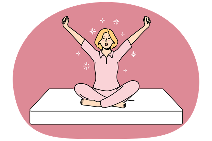 女性は柔らかいマットレスの上に座ってあくびをしながら健康的な睡眠の準備をしています  イラスト