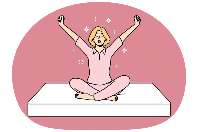女性は柔らかいマットレスの上に座ってあくびをしながら健康的な睡眠の準備をしています  イラスト