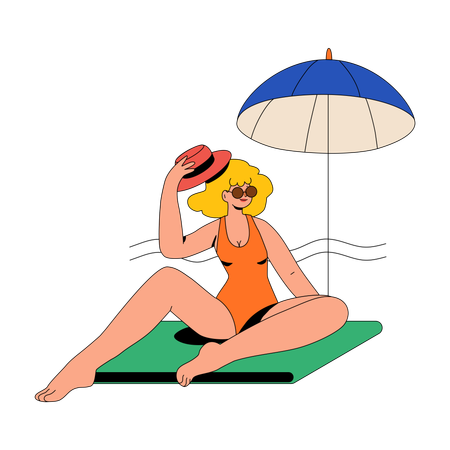 Woman Sits On The Beach Under An Umbrella  Illustration