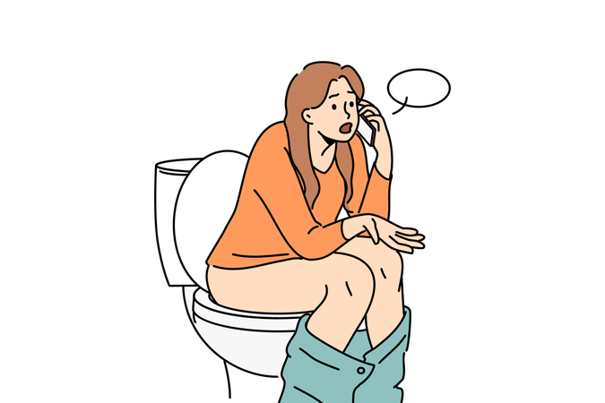 Woman sits on toilet bowl in toilet and talks on phone with friend while discussing colleagues from work  Illustration