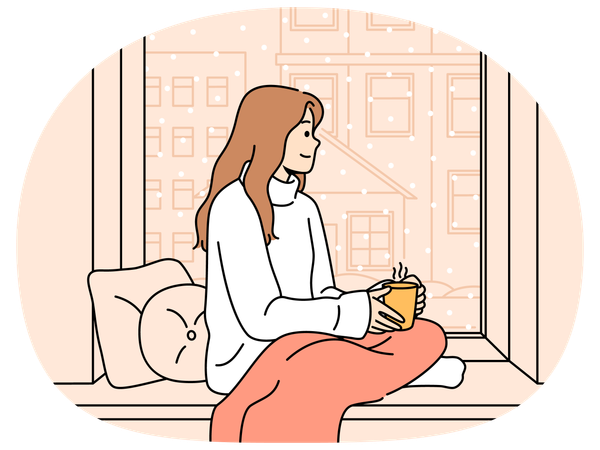 Woman sits on windowsill with blanket on knees and hot tea in hands and looks out window at snow  Illustration