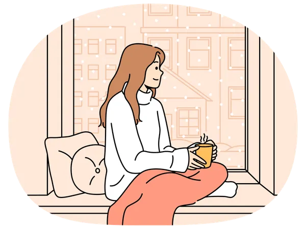 Woman sits on windowsill with blanket on knees and hot tea in hands and looks out window at snow  Illustration