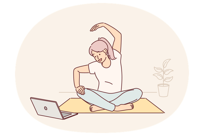 Woman sits on yoga mat and looks at laptop screen doing exercises during online broadcast  Illustration