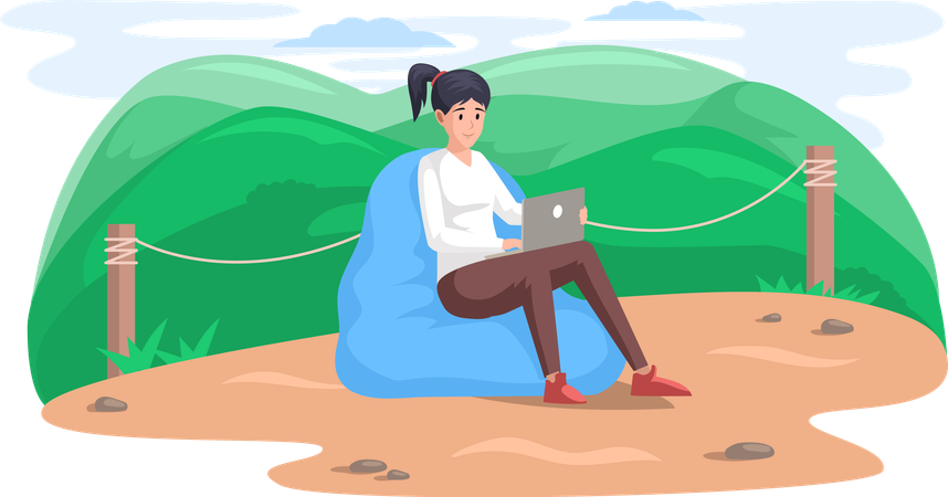 Woman sits outdoor surfs internet and works remotely  Illustration