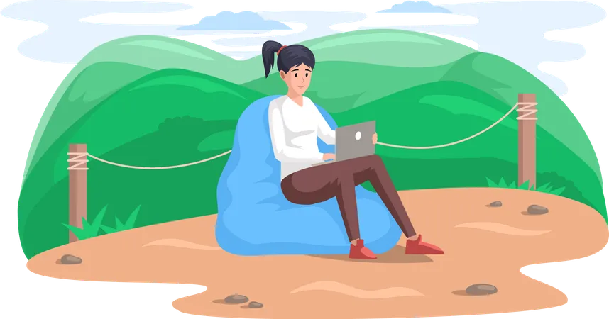 Woman sits outdoor surfs internet and works remotely  Illustration