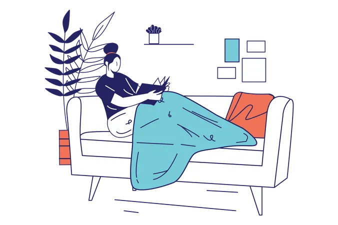 Woman sits with book on sofa  イラスト