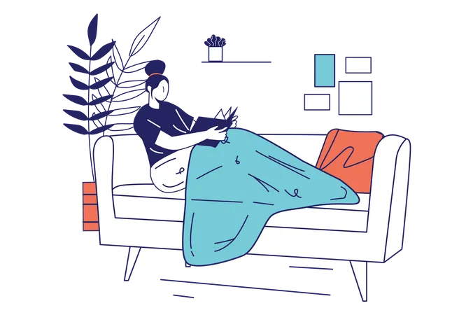 Woman sits with book on sofa  Illustration