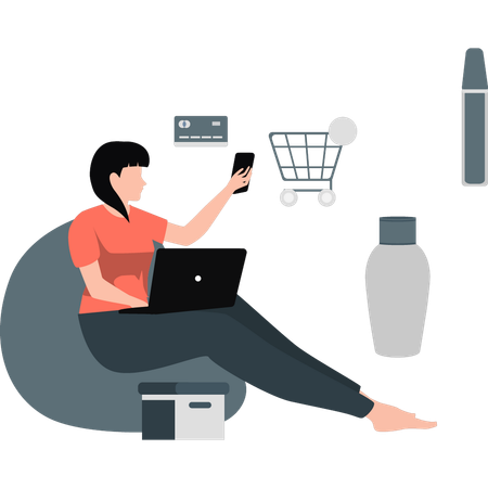 Woman sitting adding items in cart and doing payment  Illustration