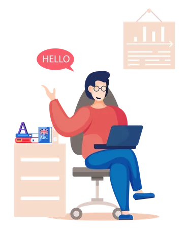 Language Courses Online Woman Sitting At A Table At Home Or Office Setting With Laptop Studying Remotely Distance And E Learning Online Translator Dictionary Vector Illustration Flat Style イラスト