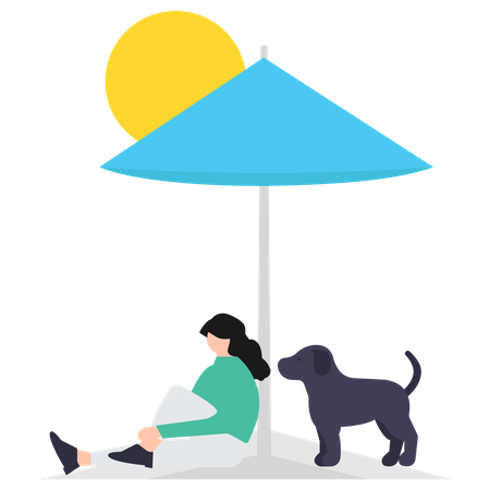 Woman sitting at beach with pet dog Illustration