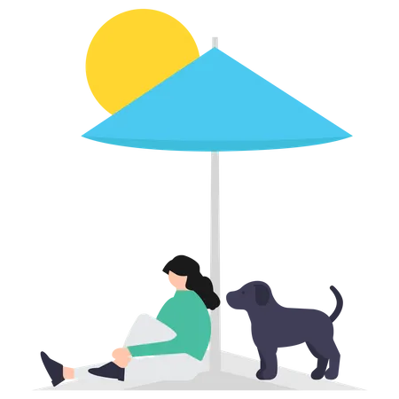 Woman sitting at beach with pet dog Illustration