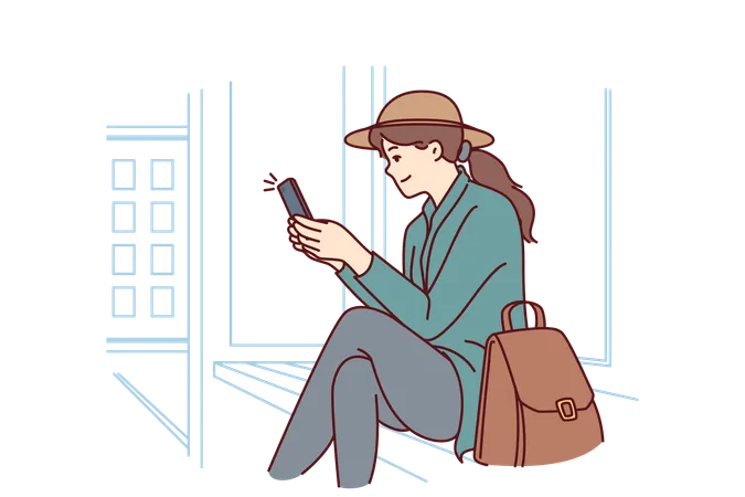 Woman sitting at bus stop using phone  イラスト
