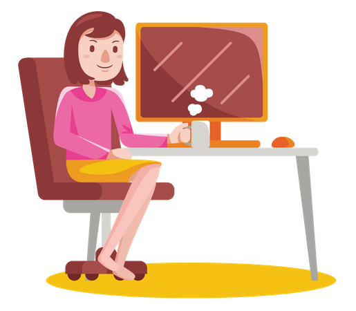 Woman sitting at computer desk holding coffee cup Illustration