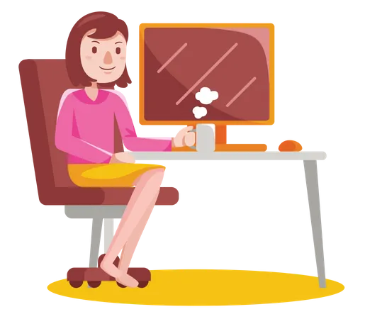 Woman sitting at computer desk holding coffee cup  Illustration