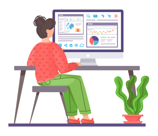 Woman sitting at desk looking at data analytics  Illustration