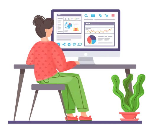 Woman sitting at desk looking at data analytics  Illustration