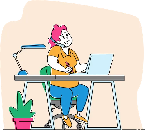 Woman Sitting at Office Desk Working on Laptop and Speaking by Smartphone  Illustration