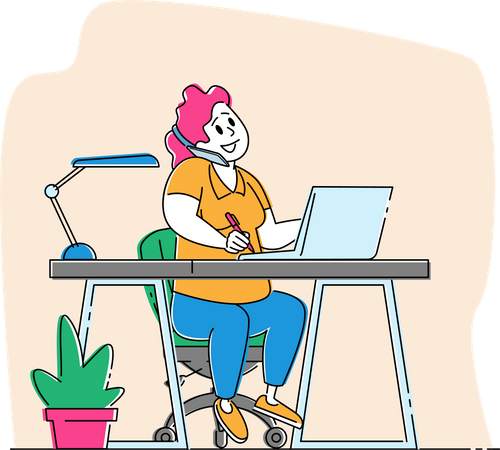 Woman Sitting at Office Desk Working on Laptop and Speaking by Smartphone  Illustration