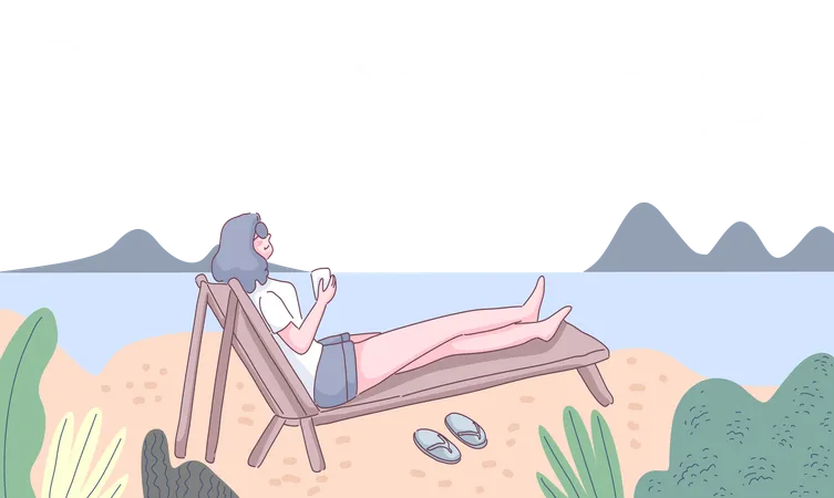 Woman sitting at seaside and enjoying coffee  Illustration