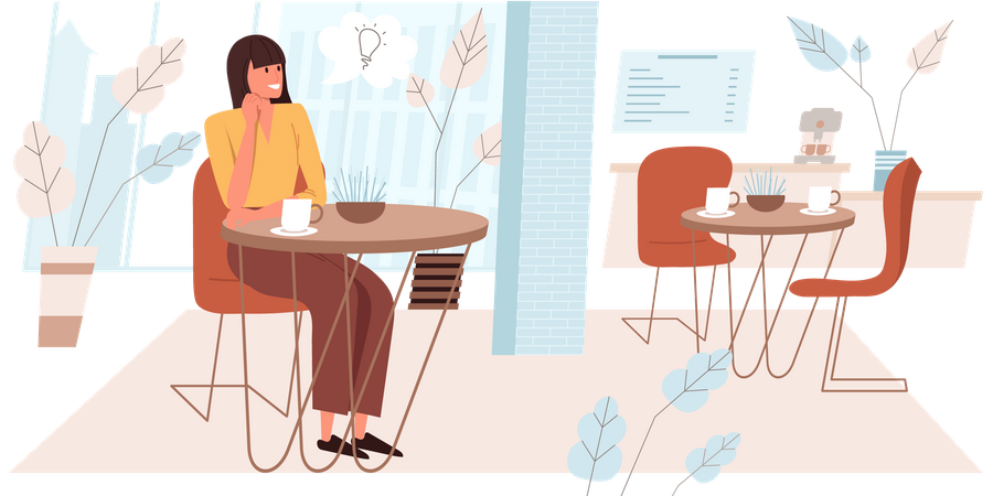 Woman sitting at table in cafe Illustration