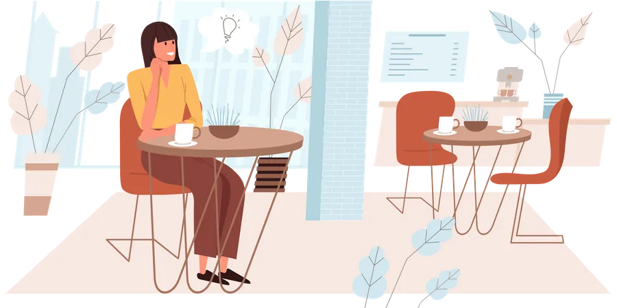 Dreaming People Concept In Flat Design Happy Woman Are Sitting At Table In Cafe Drinking Coffee Dreaming And Come Up Ideas Young Girl At Cafeteria Imagination People Scene Vector Illustration Illustration