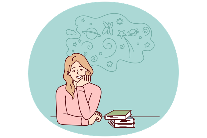 Woman sitting at table with books resting chin on hand procrastinates and dreams  Illustration