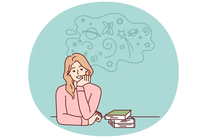 Woman sitting at table with books resting chin on hand procrastinates and dreams  Illustration